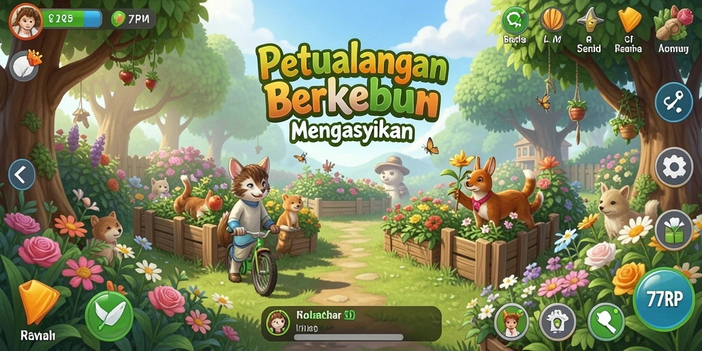 Tampilan gameplay <strong>77RP</strong> yang menunjukkan aktivitas berkebun yang seru.