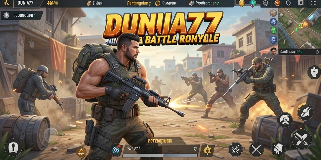 Tangkapan layar DUNIA77 menampilkan aksi gameplay Battle Royale yang mendebarkan.