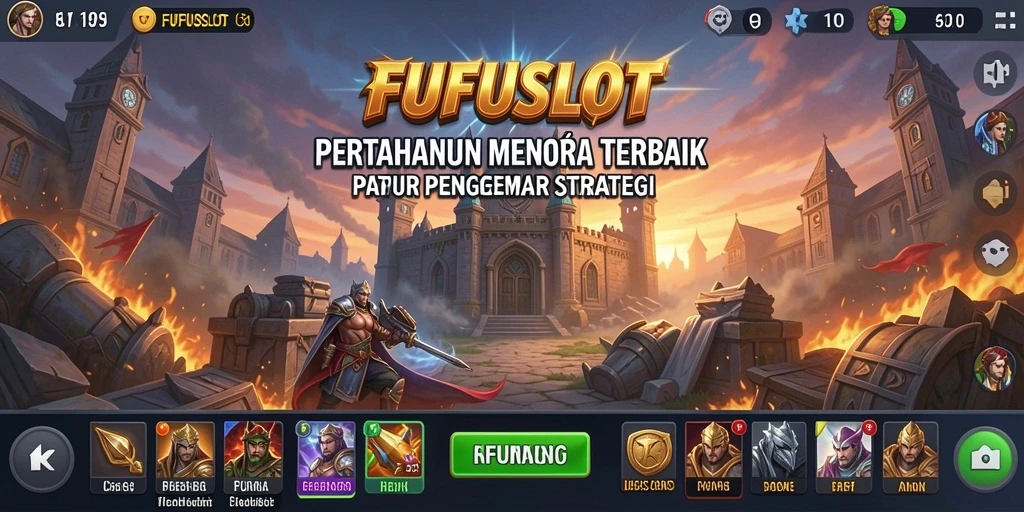 Tampilan gameplay FUFUSLOT dengan menara yang siap bertempur.