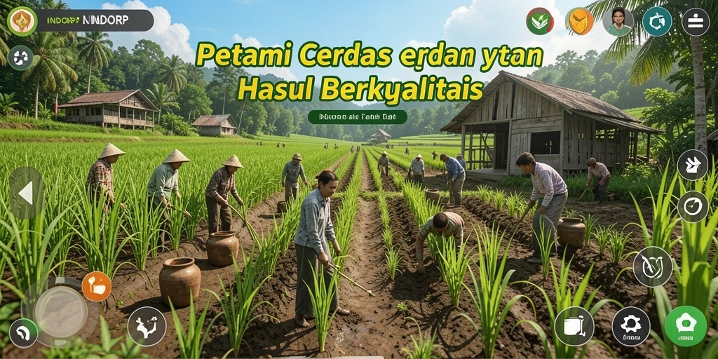 Tampilan gameplay <strong>INDORP</strong> dengan ladang yang hijau dan tanaman subur.