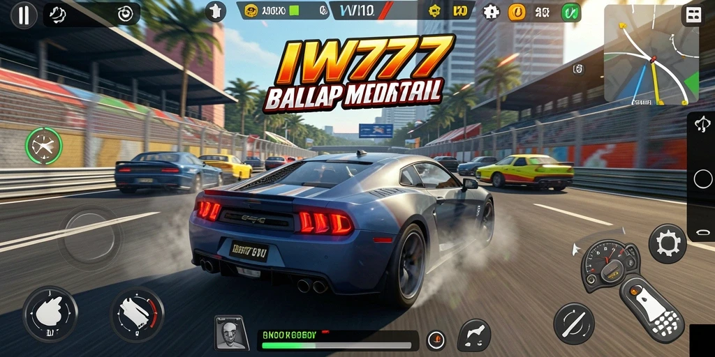 Screenshot gameplay IW777 menampilkan aksi balap mobil yang mendebarkan.