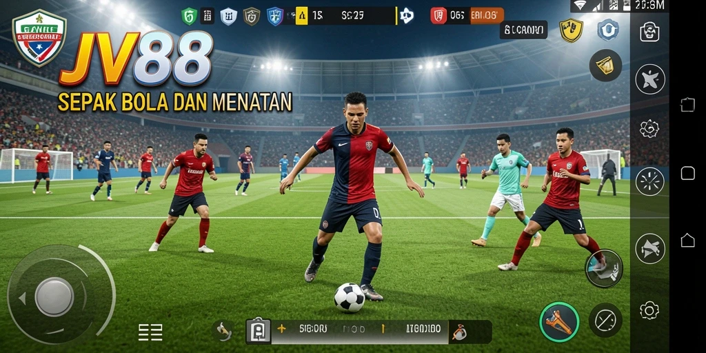 Screenshot gameplay JV88 menampilkan aksi sepak bola yang mendebarkan.