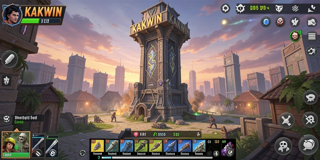 Screenshot gameplay KAKWIN menampilkan aksi pertahanan menara yang mendebarkan.