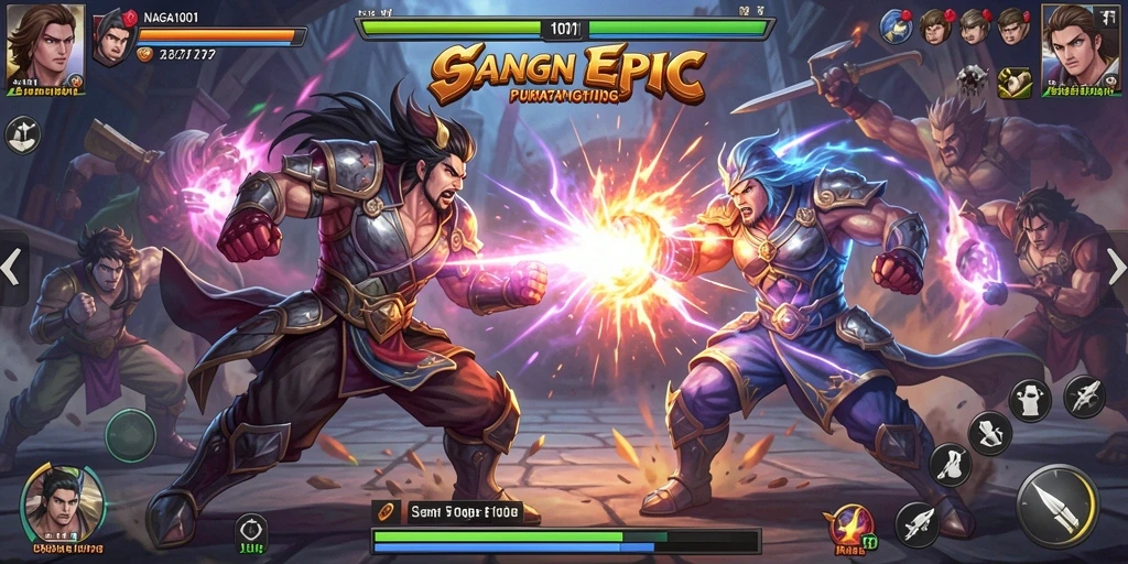 Tampilan permainan NAGA1001 menampilkan karakter yang sedang bertarung dalam arena yang dinamis.