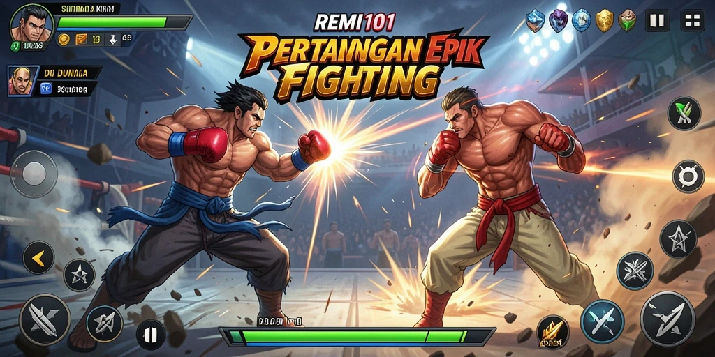Tampilan gameplay <strong>REMI101</strong> dengan pertarungan seru antara karakter pahlawan dan musuh.
